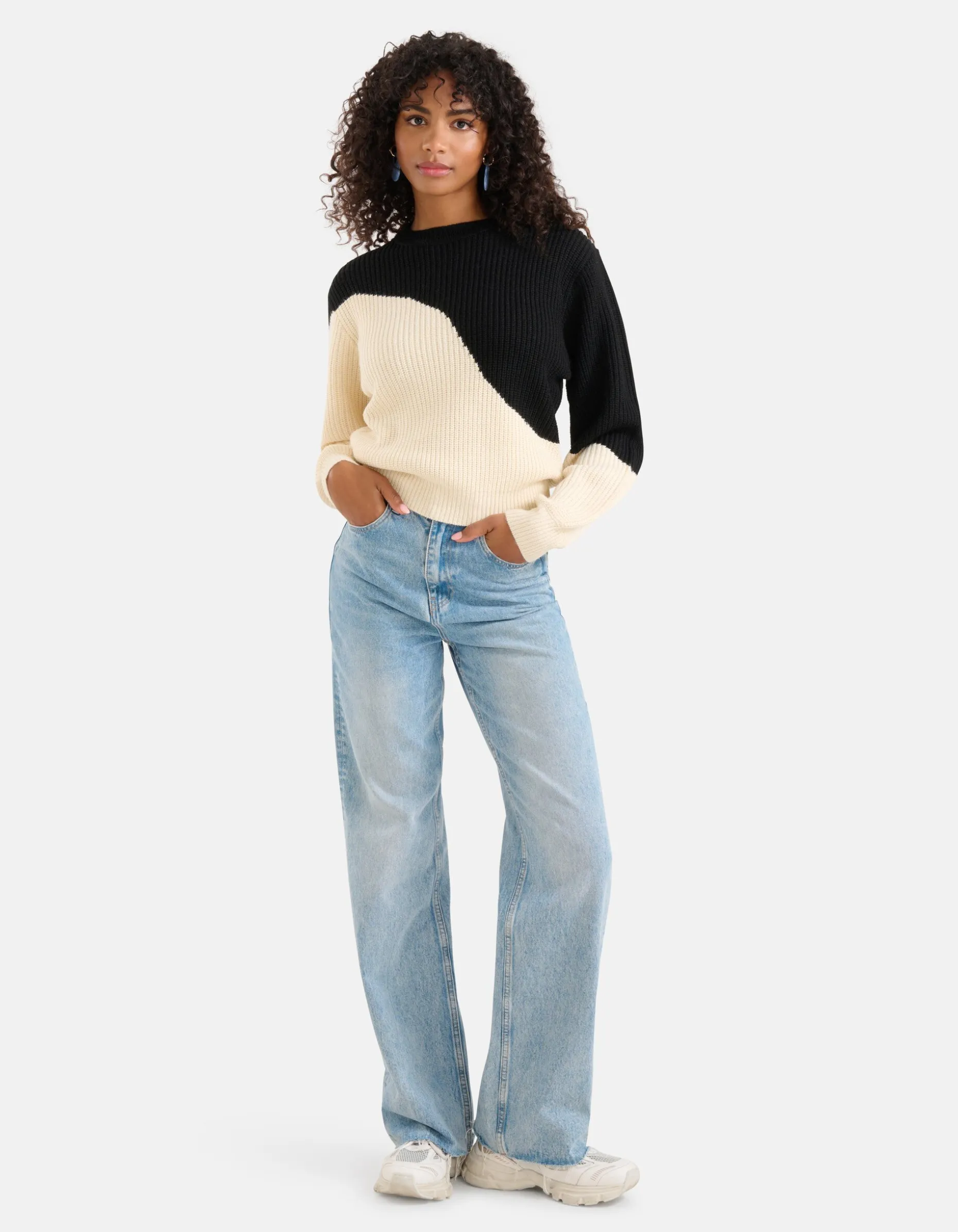Colorblock Trui Gebroken Wit/Zwart