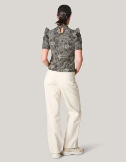 Crinkle Ruffle Top Gebroken Wit/Zwart