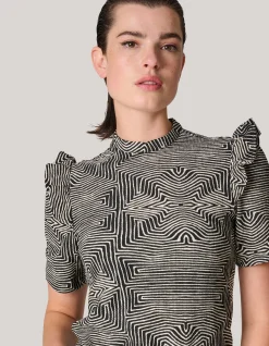 Crinkle Ruffle Top Gebroken Wit/Zwart