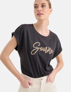 Crochet Tekst T-shirt Zwart