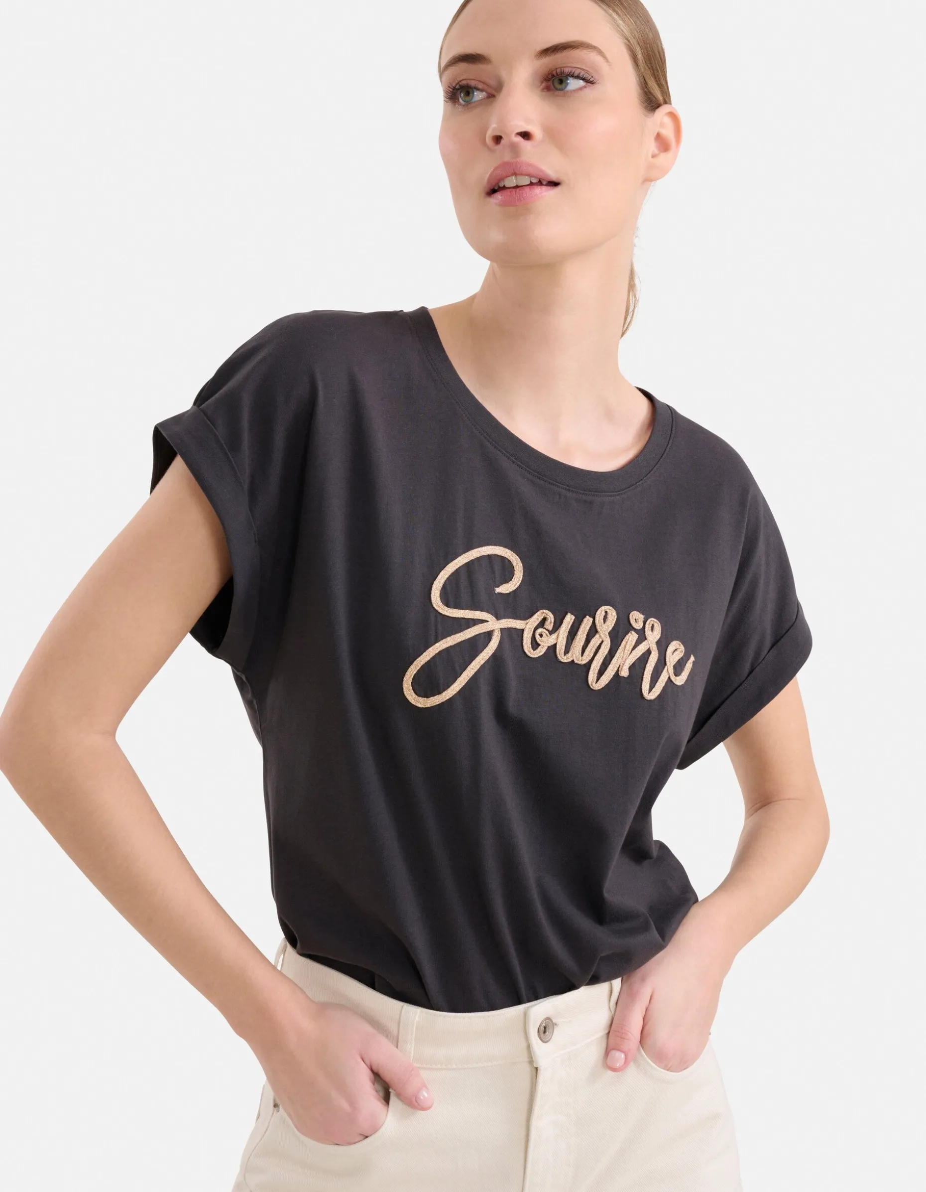 Crochet Tekst T-shirt Zwart