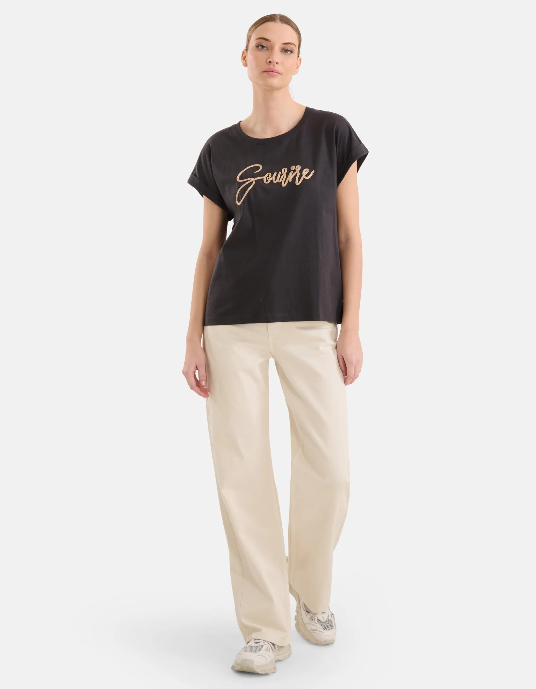 Crochet Tekst T-shirt Zwart