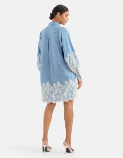Denim Lace Mini Jurk Blauw