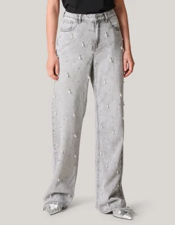 Embellished Straight Fit Jeans Lichtgrijs