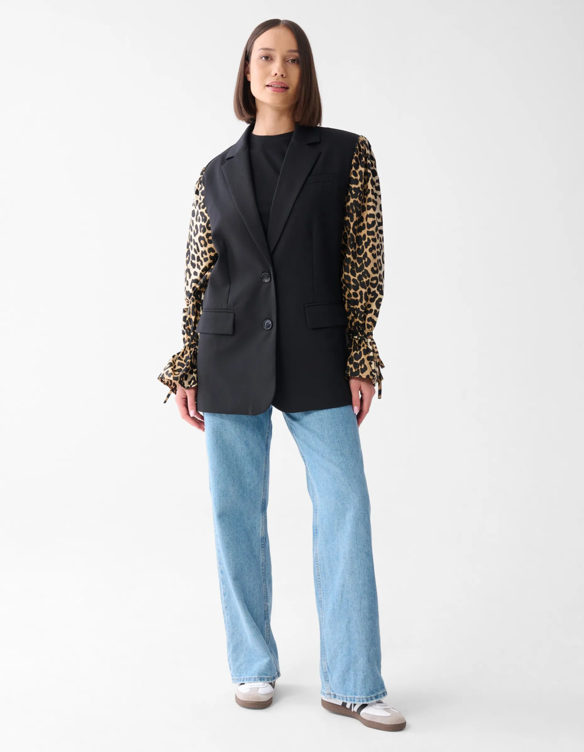 Leopard Poplin Sleeve Blazer Zwart