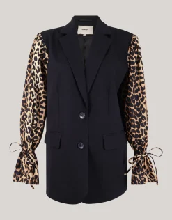 Leopard Poplin Sleeve Blazer Zwart