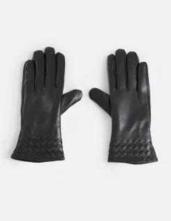 Leren Gevlochten Handschoenen Zwart