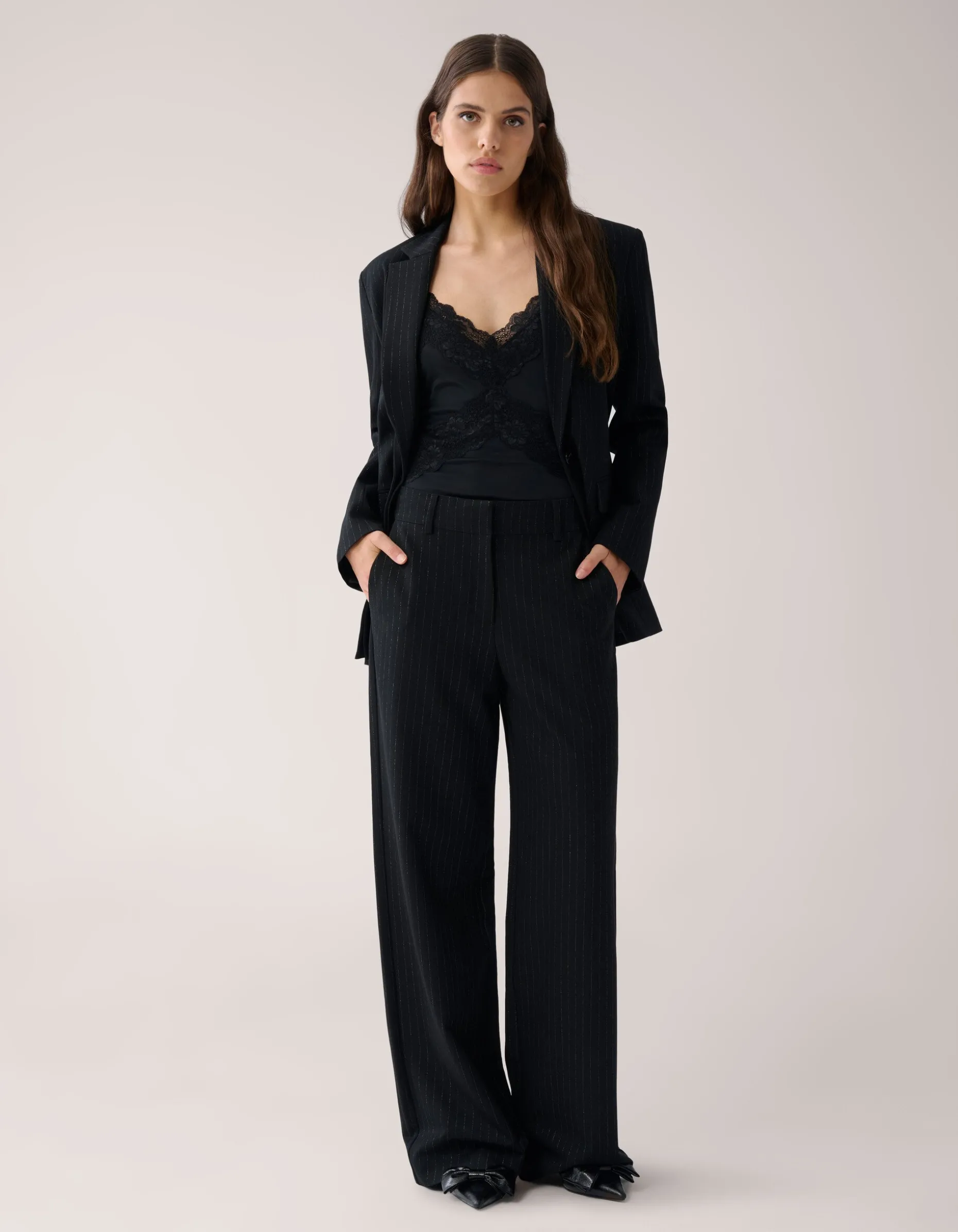 Lurex Pinstripe Wide Leg Pantalon Zwart By Mieke