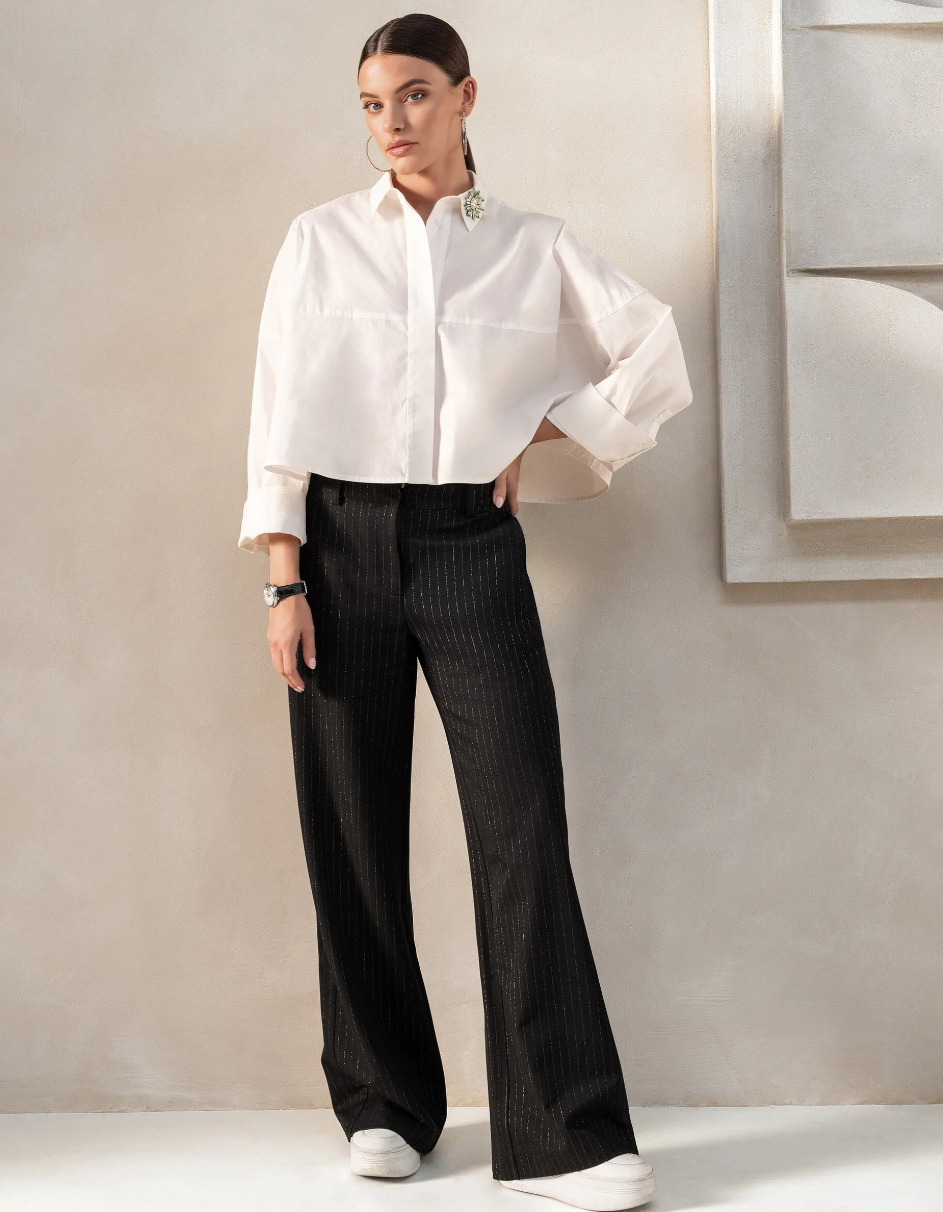 Lurex Pinstripe Wide Leg Pantalon Zwart By Mieke