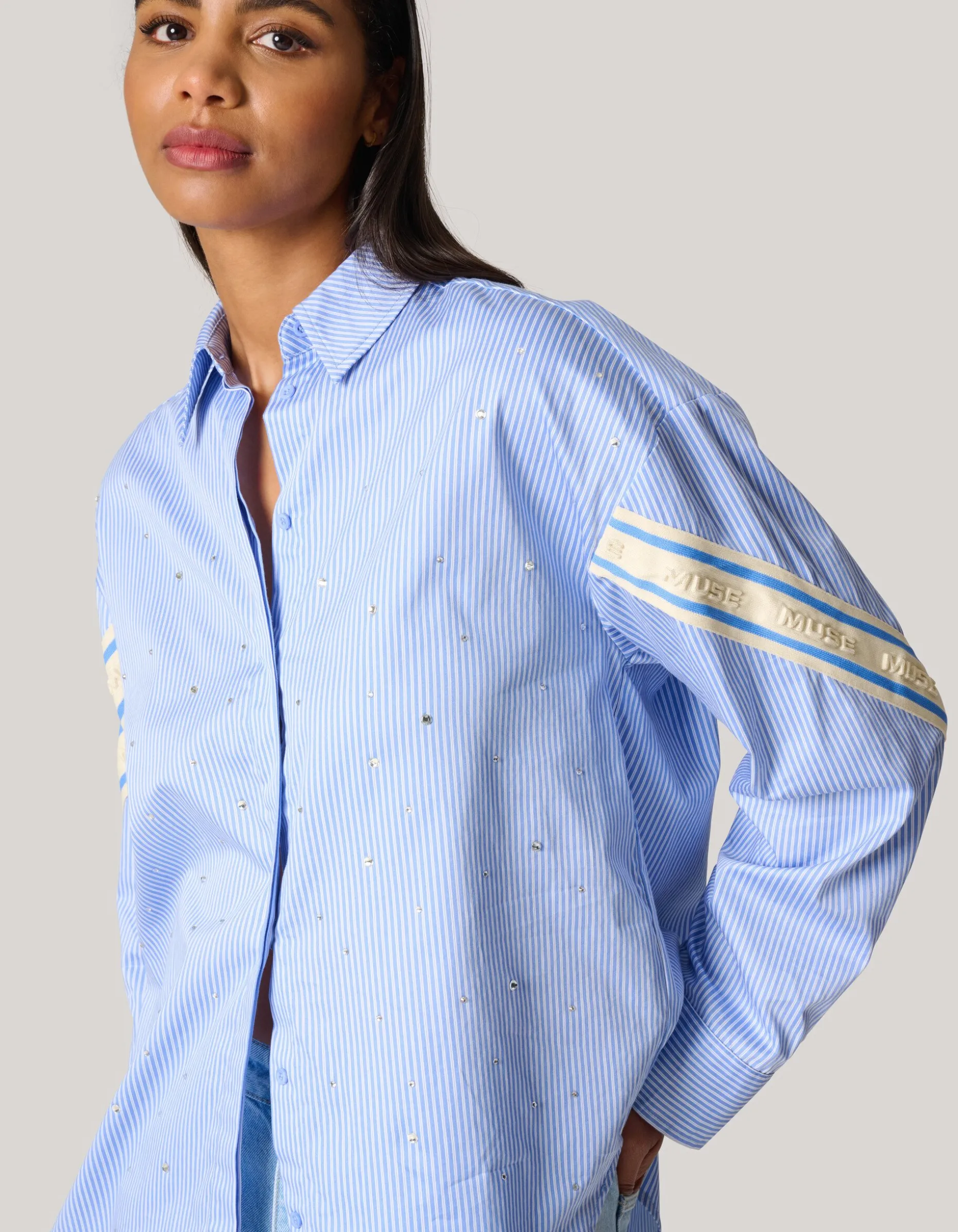 Pinstripe Strass Blouse Lichtblauw