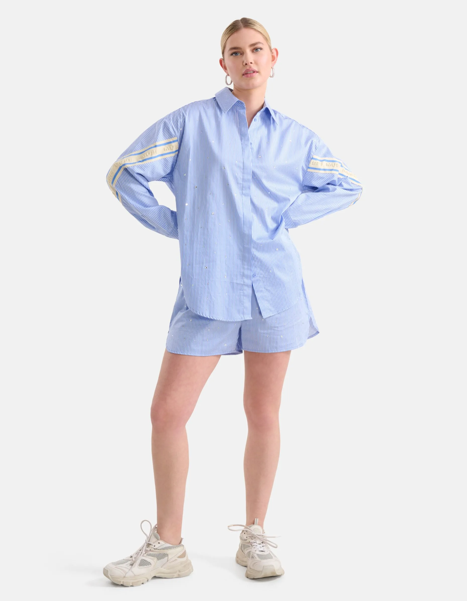 Pinstripe Strass Blouse Lichtblauw