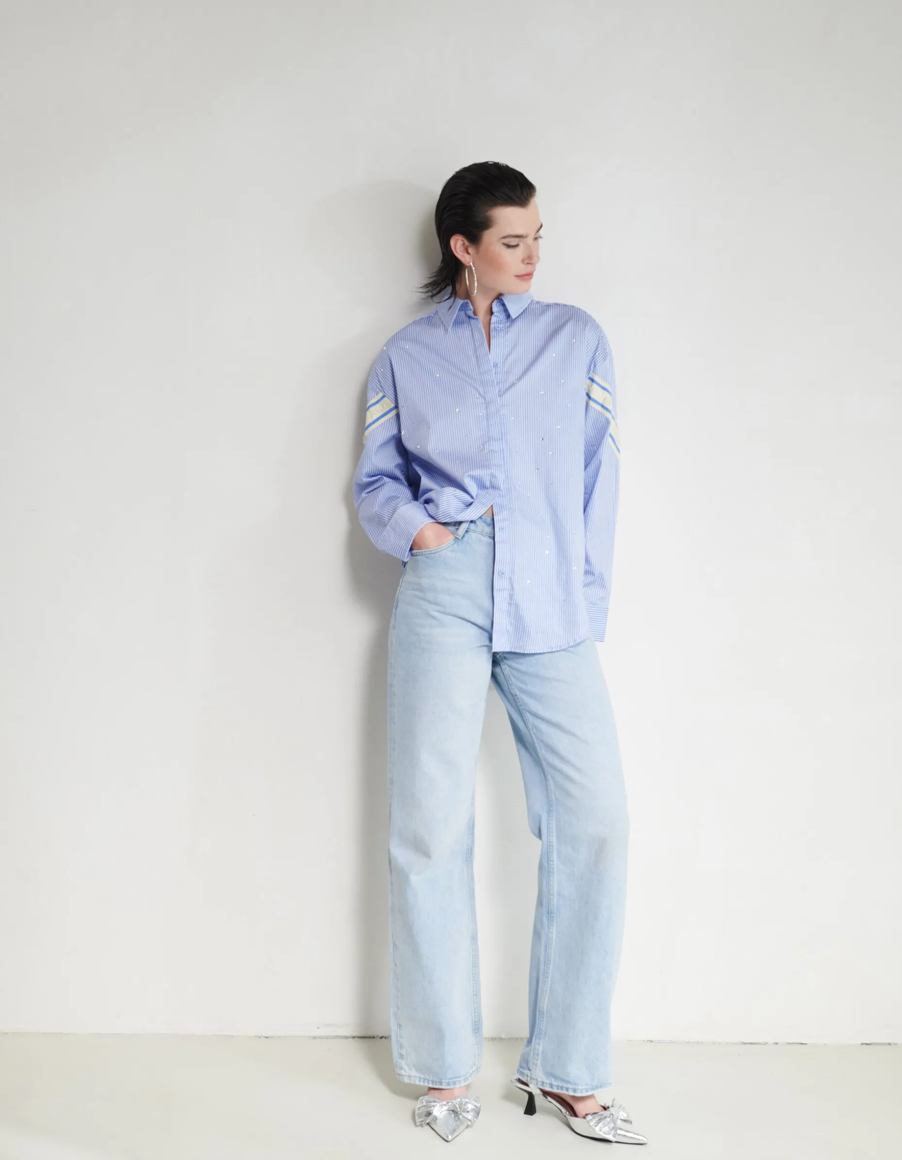 Pinstripe Strass Blouse Lichtblauw