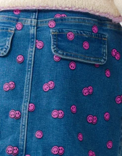 Printed Denim Mini Rok Blauw