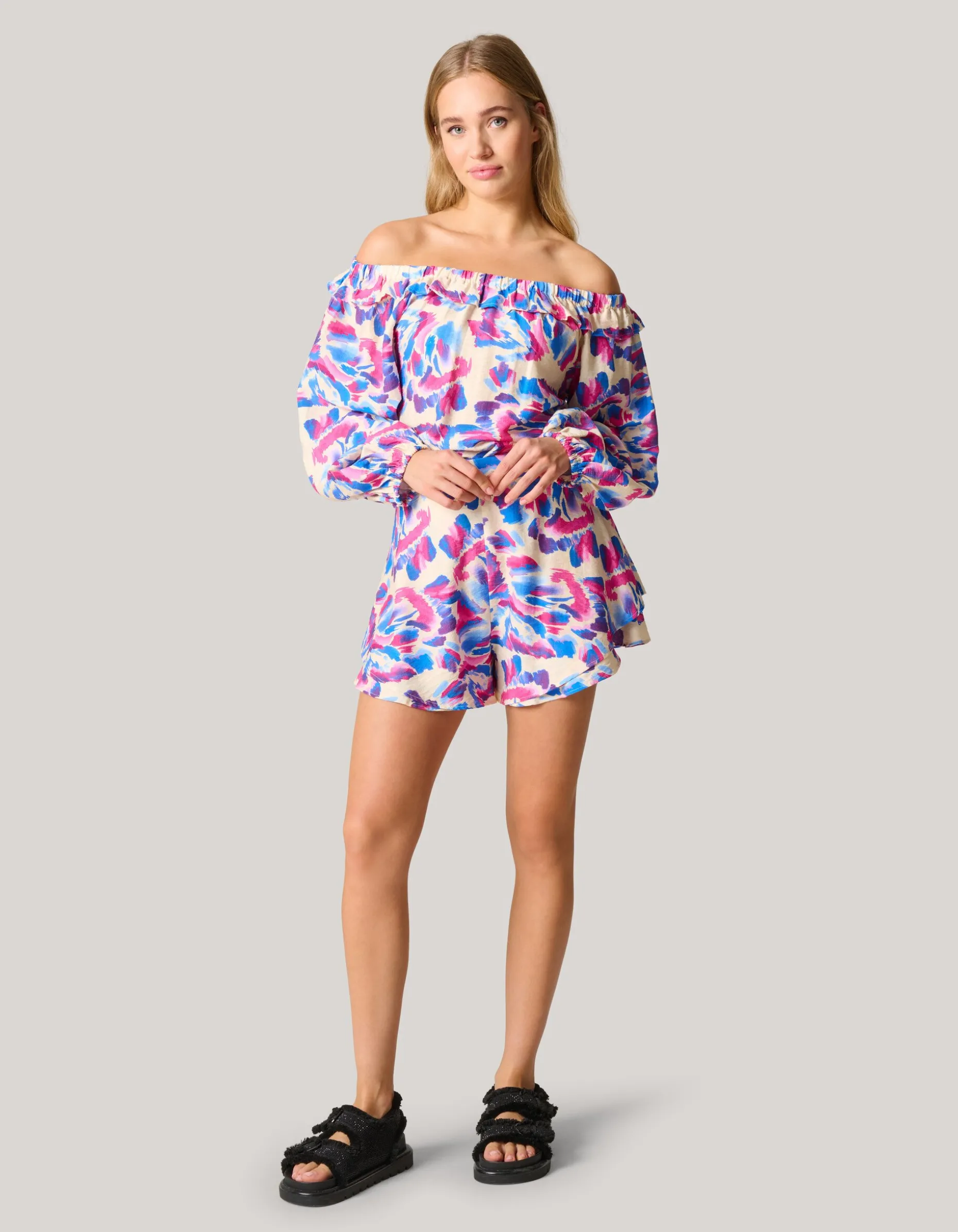 Printed Off Shoulder Top Gebroken Wit