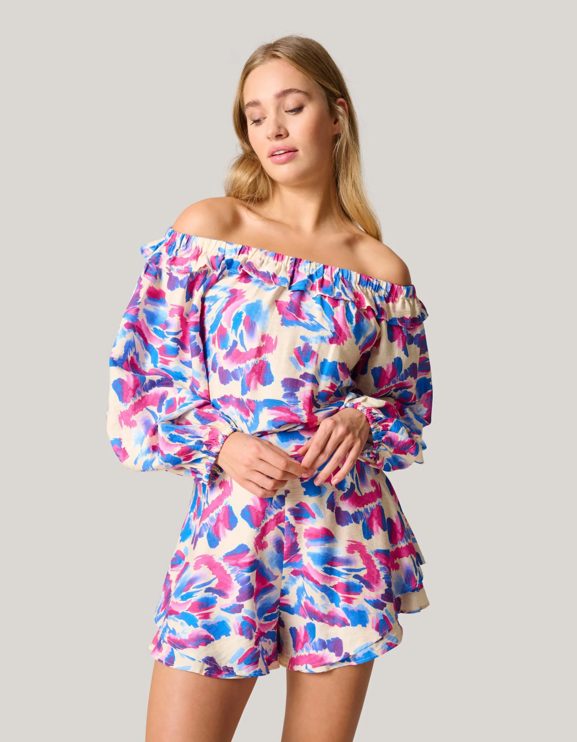 Printed Off Shoulder Top Gebroken Wit