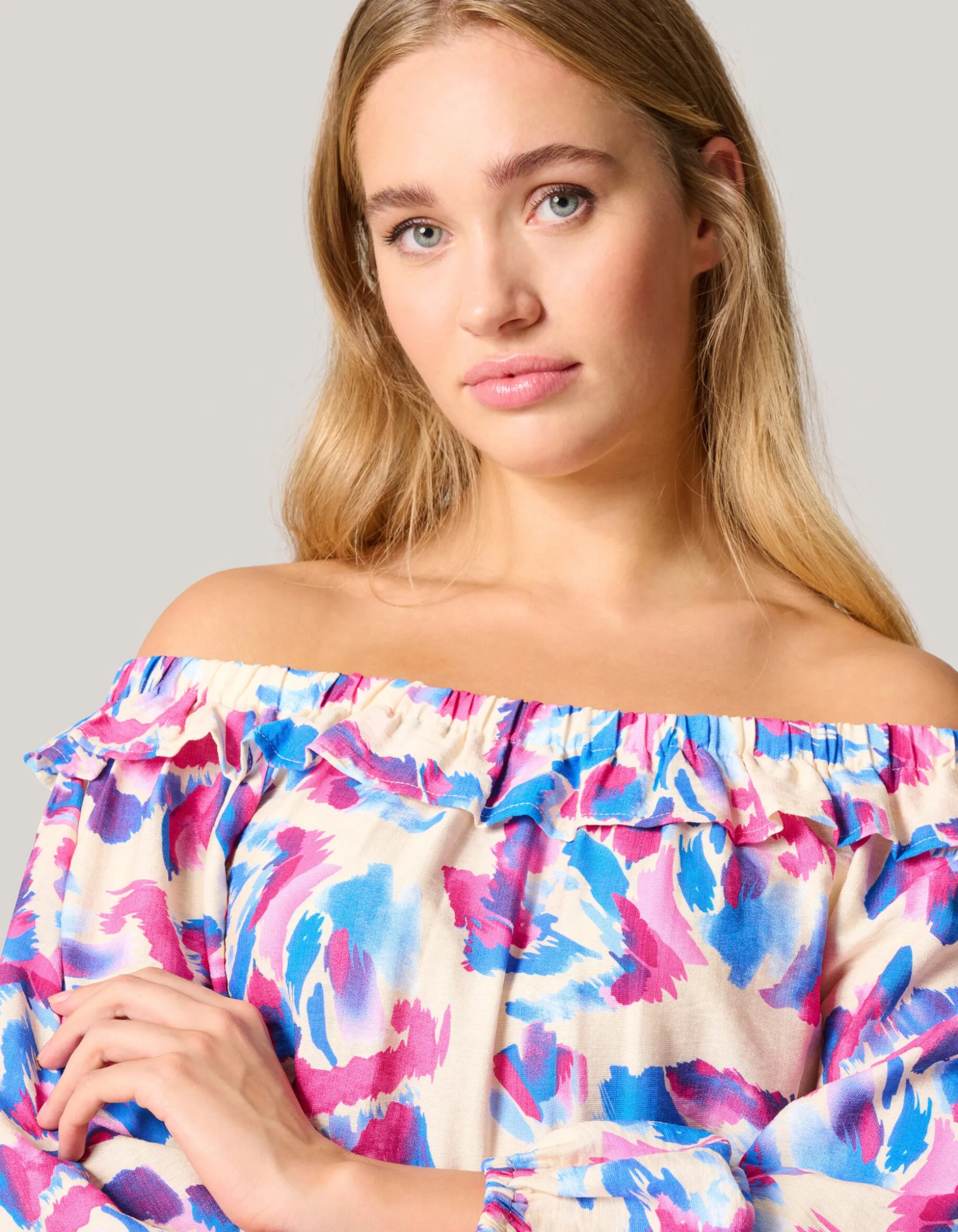 Printed Off Shoulder Top Gebroken Wit
