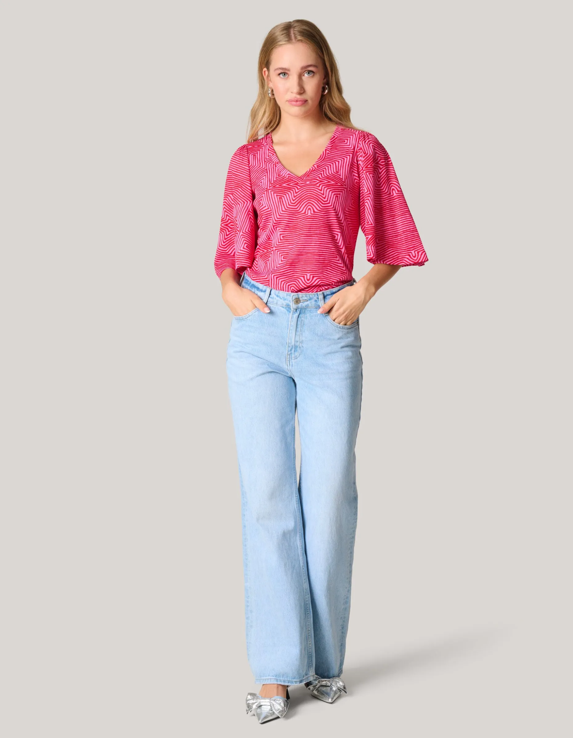 Printed Rib Jersey Ruffle Top Roze