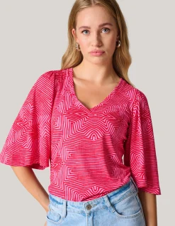 Printed Rib Jersey Ruffle Top Roze