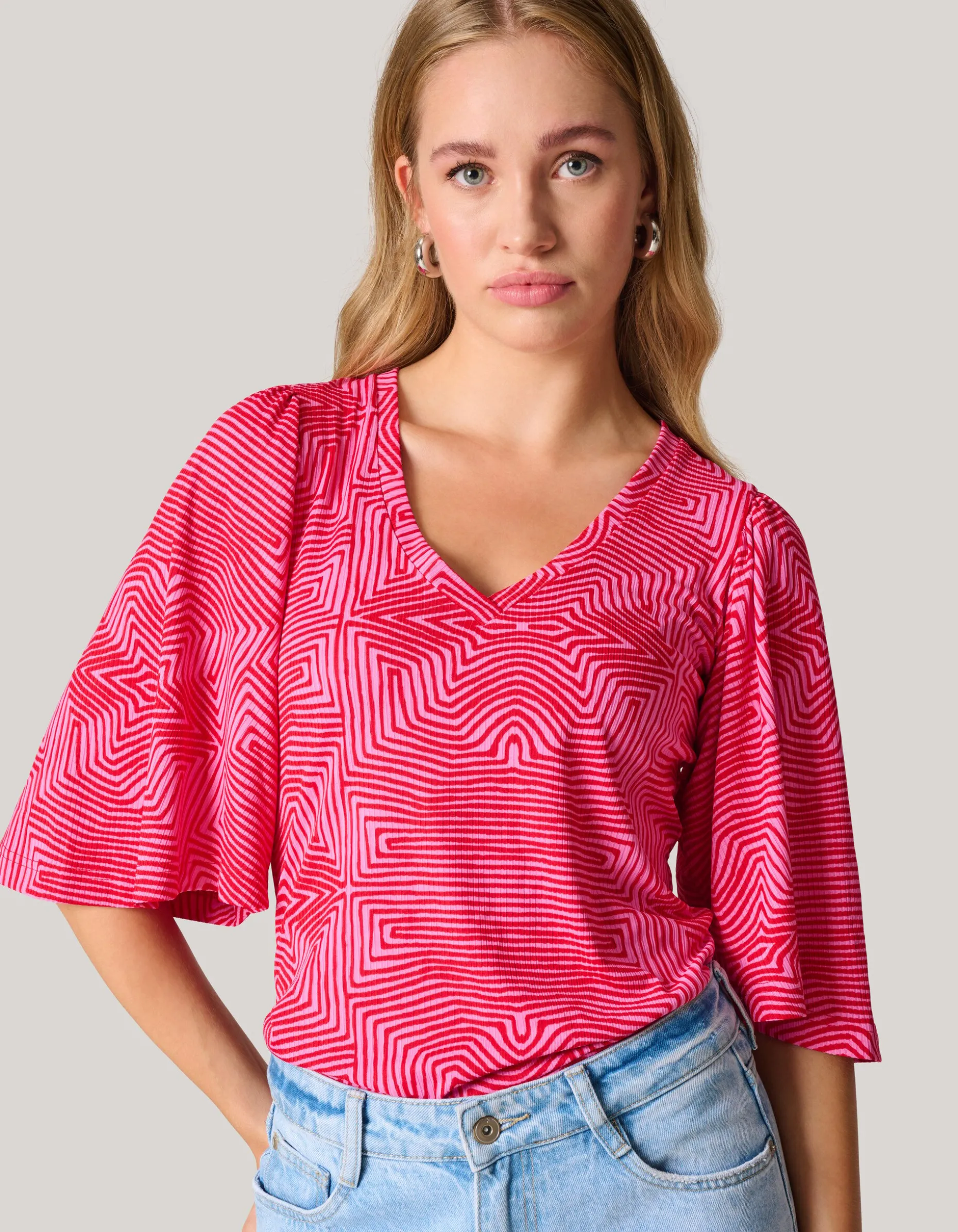 Printed Rib Jersey Ruffle Top Roze