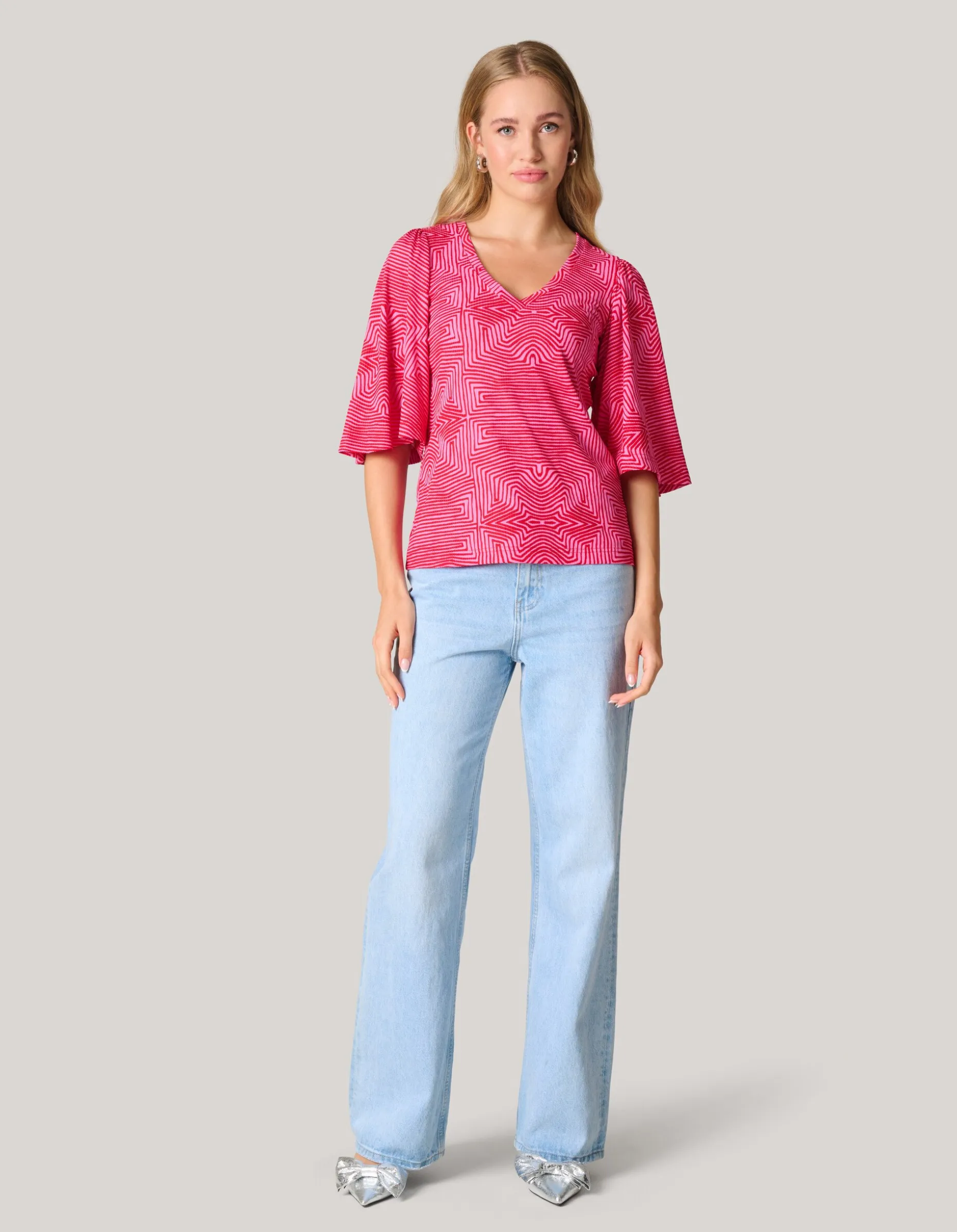 Printed Rib Jersey Ruffle Top Roze