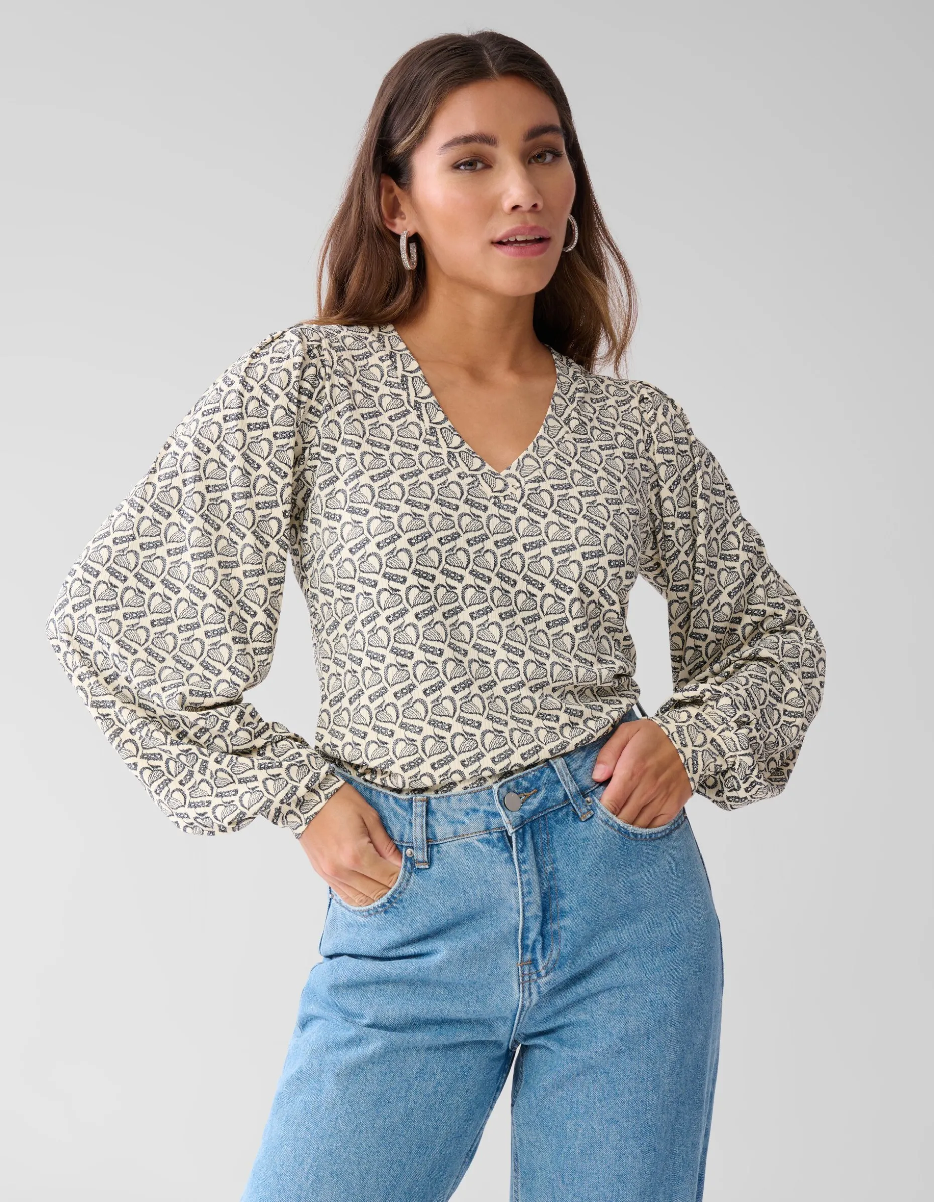 Printed Rib Jersey Top Gebroken Wit