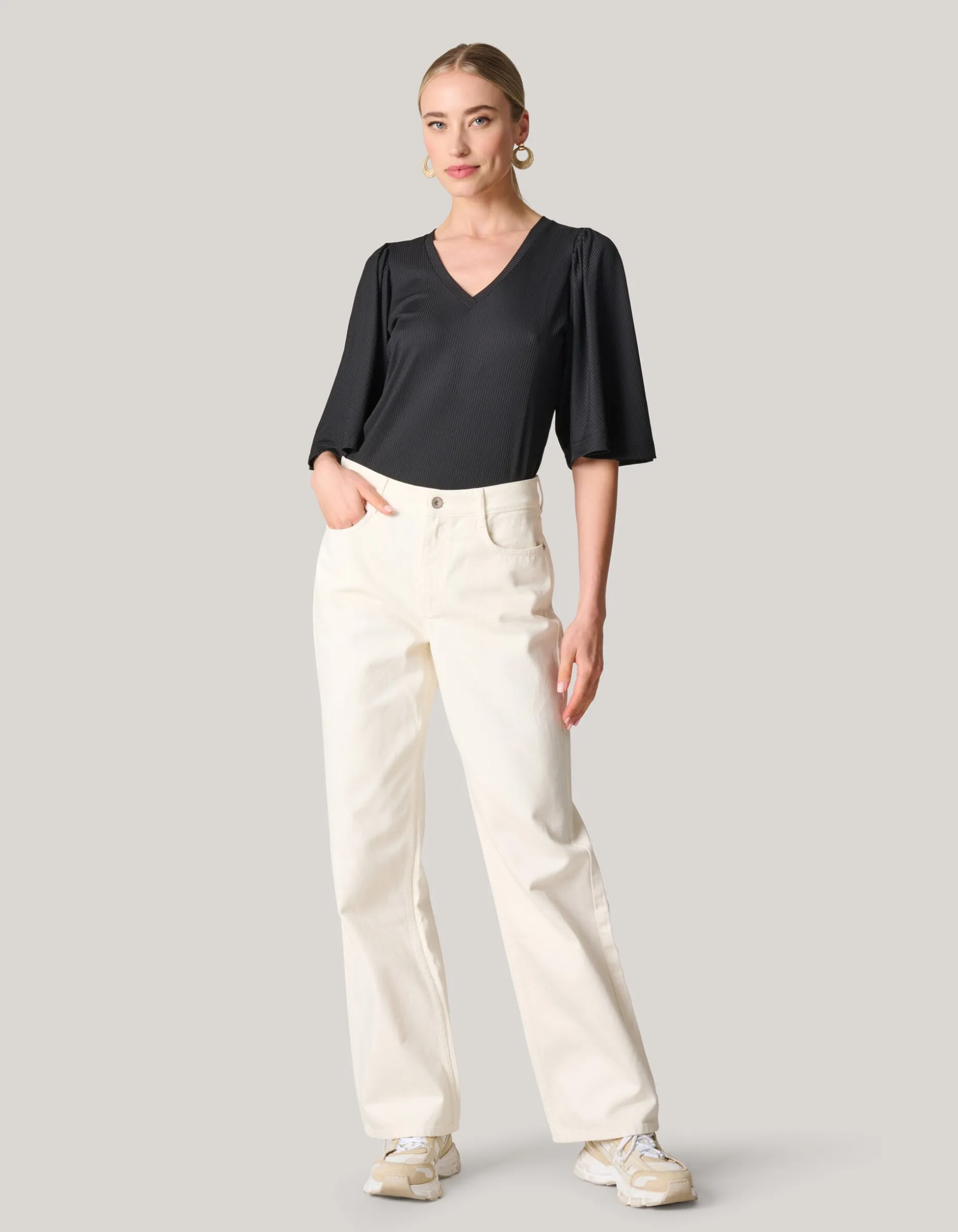 Rib Jersey Ruffle Top Zwart