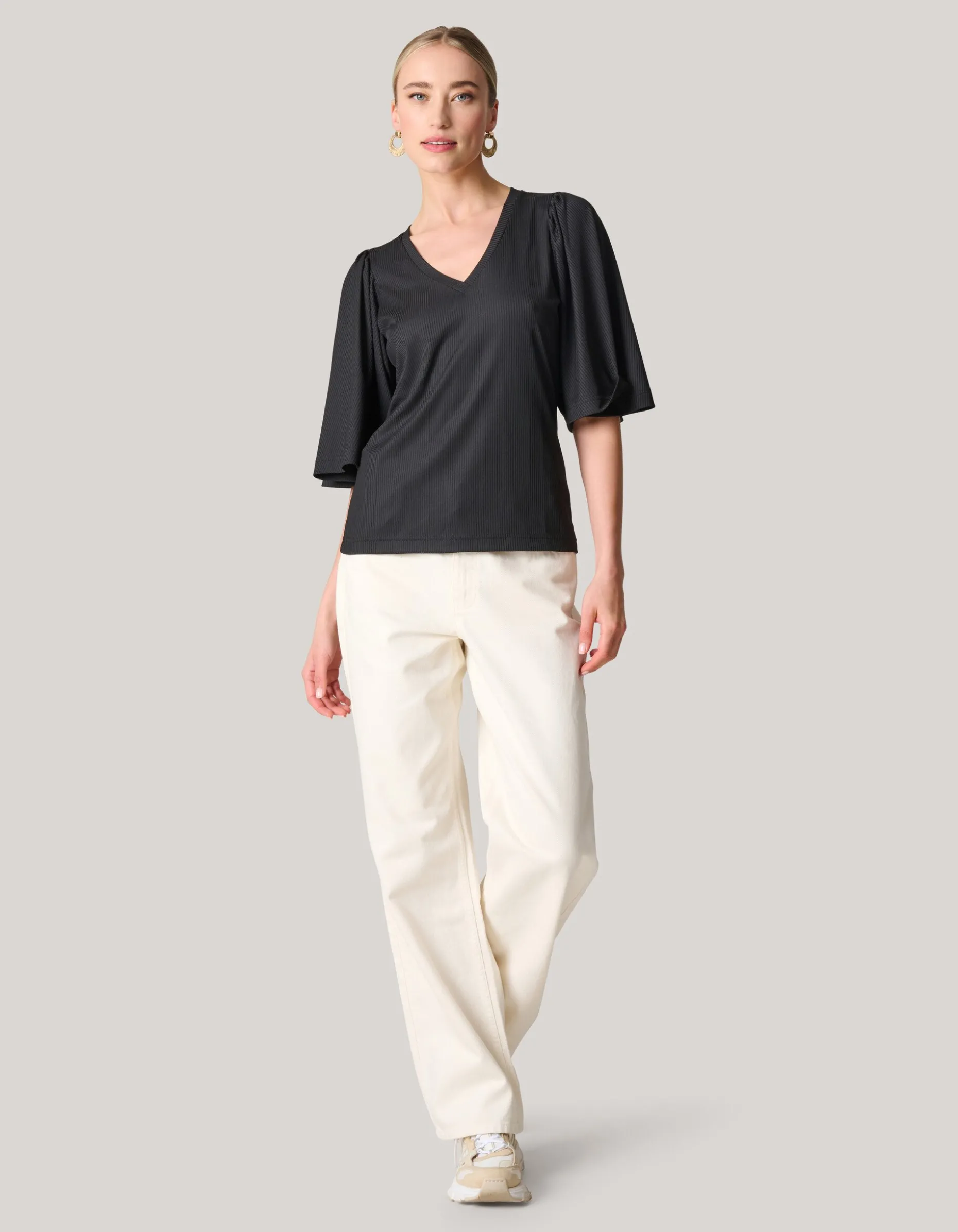 Rib Jersey Ruffle Top Zwart
