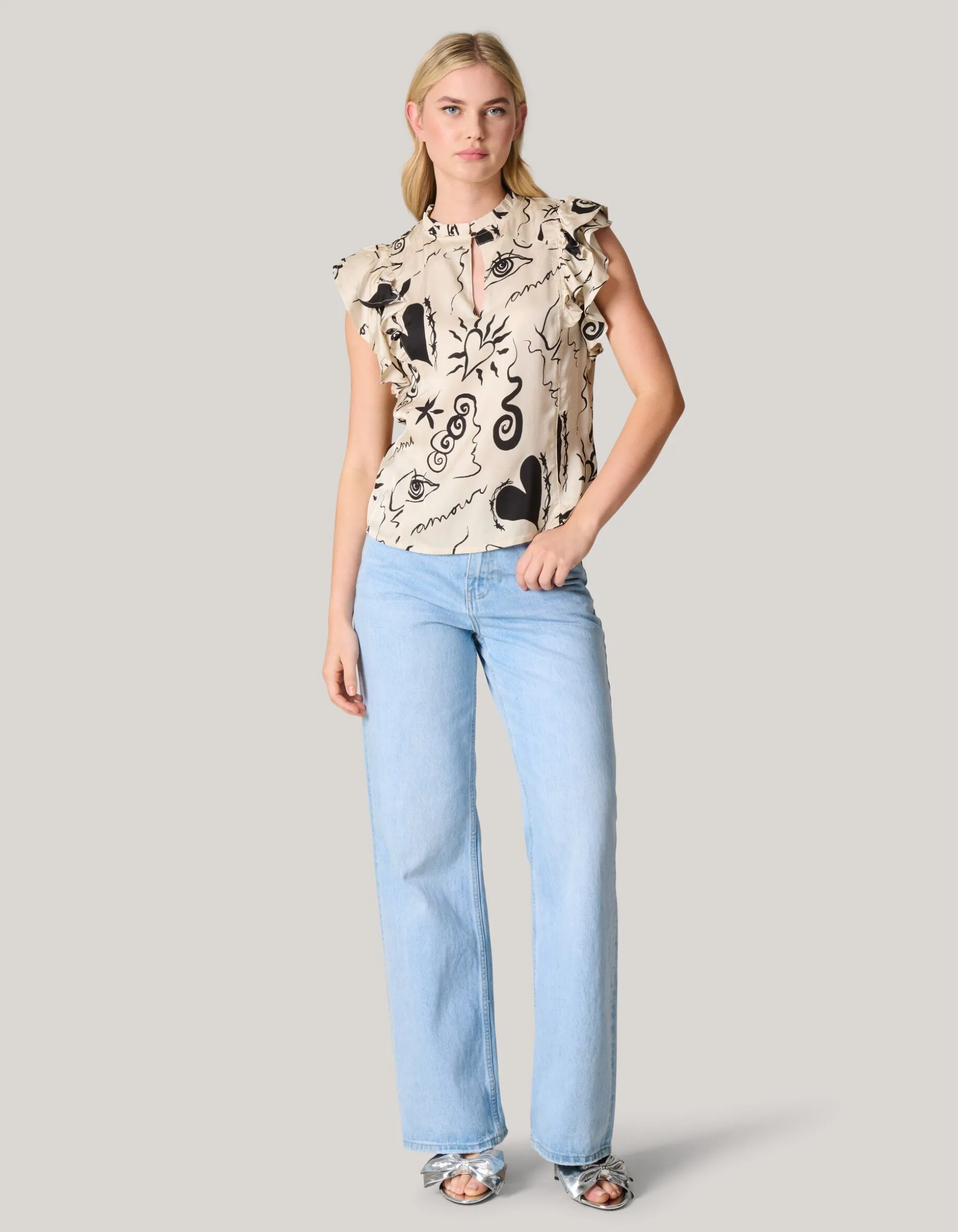 Satijnen Printed Ruffle Top Gebroken Wit