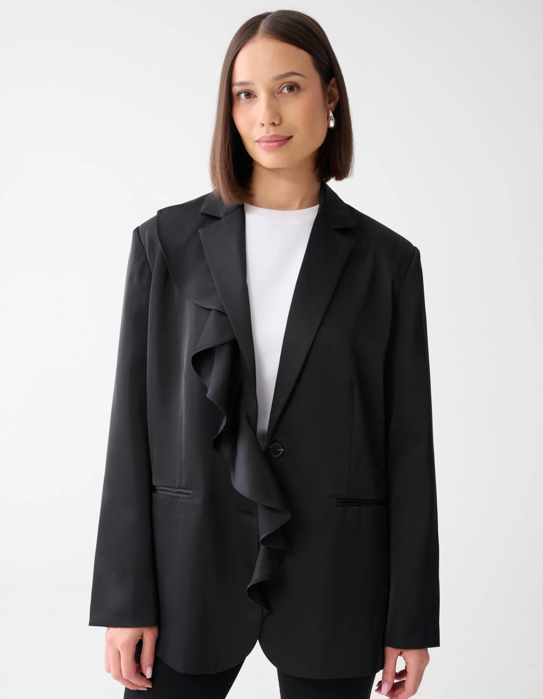 Satijnen Ruffle Blazer Zwart