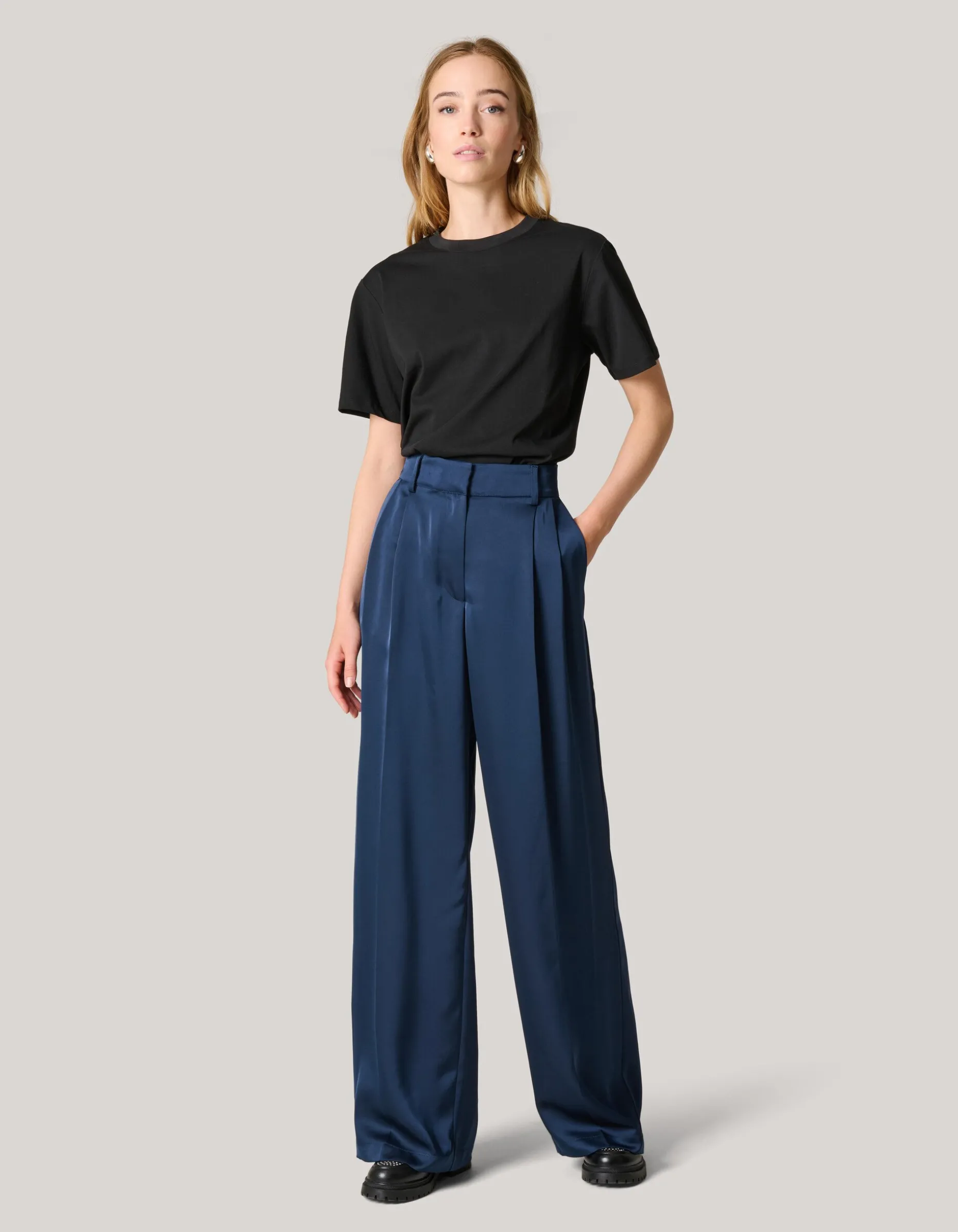 Satijnen Wide Leg Broek Donkerblauw