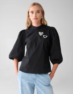 Strass Heart Poplin Blouse Zwart