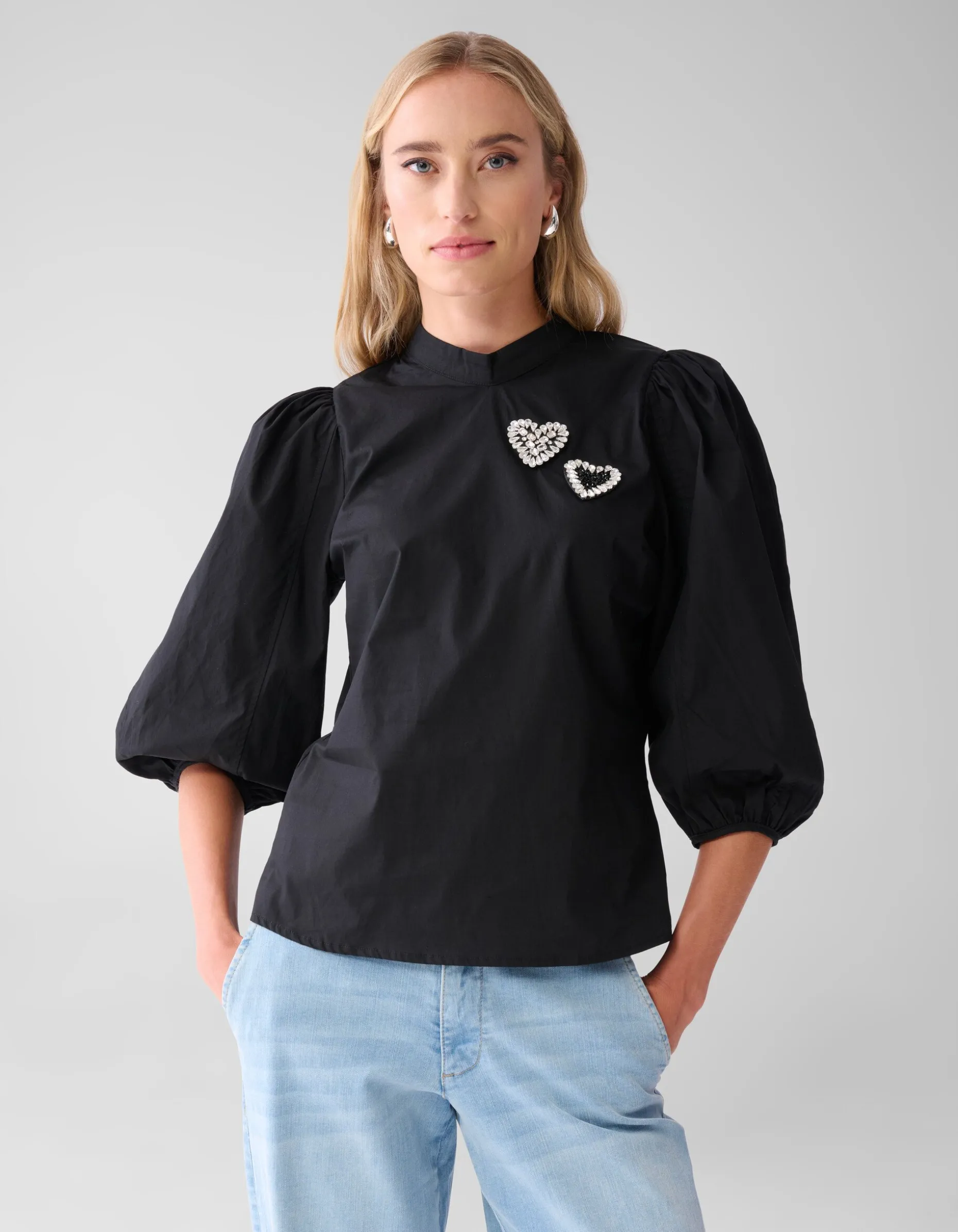 Strass Heart Poplin Blouse Zwart