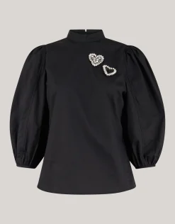 Strass Heart Poplin Blouse Zwart