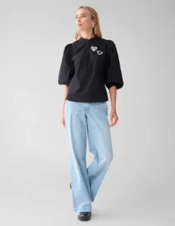 Strass Heart Poplin Blouse Zwart