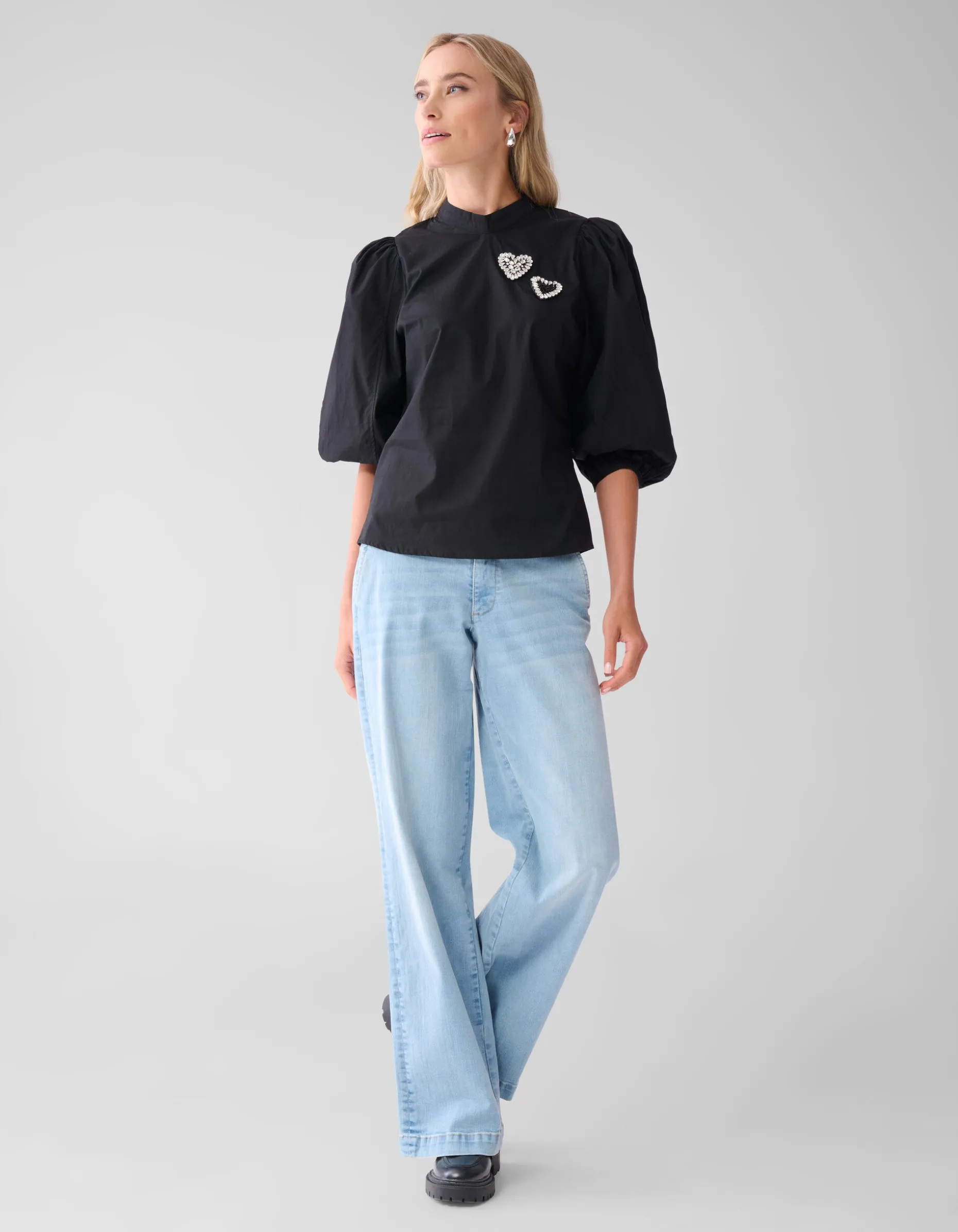 Strass Heart Poplin Blouse Zwart