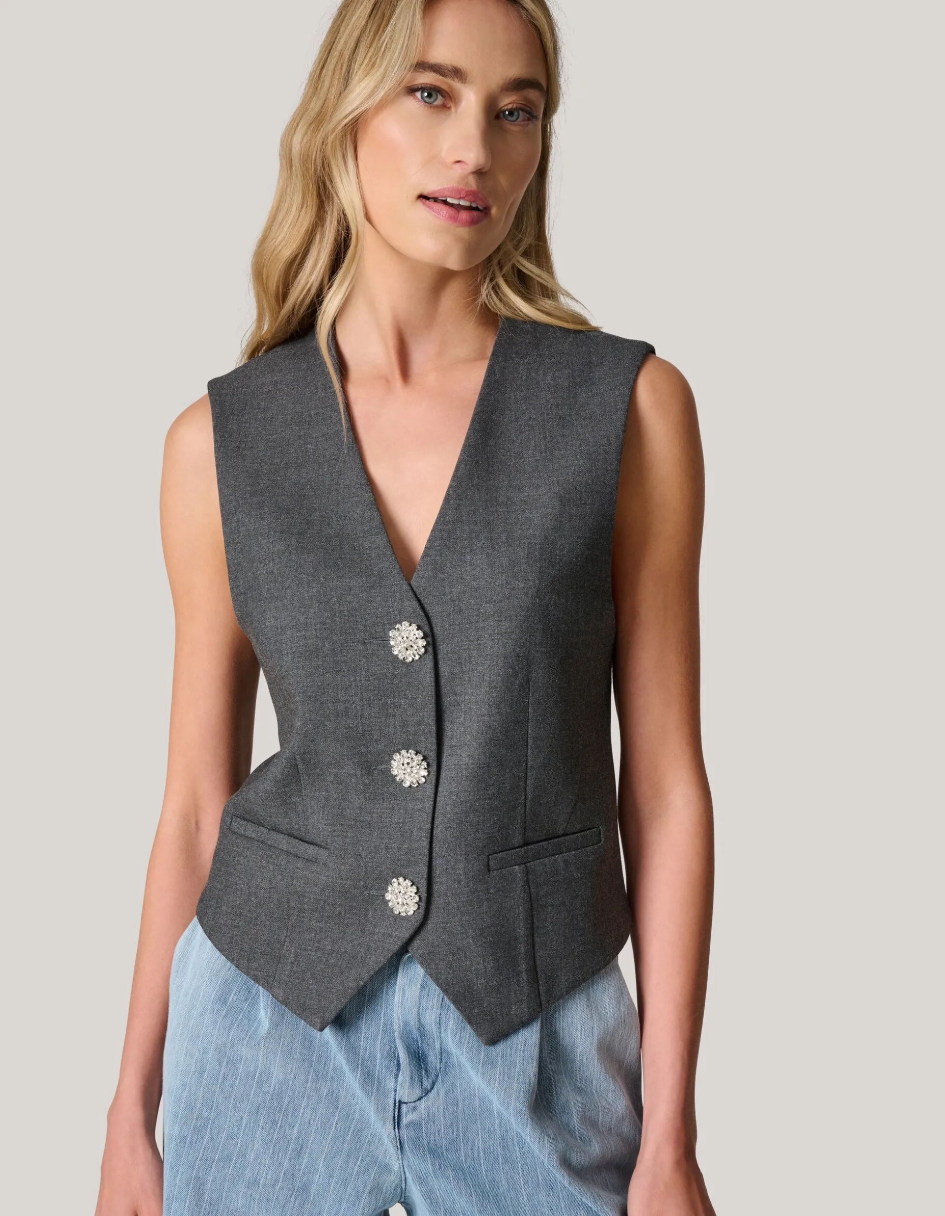 Strass Knopen Gilet Grijs