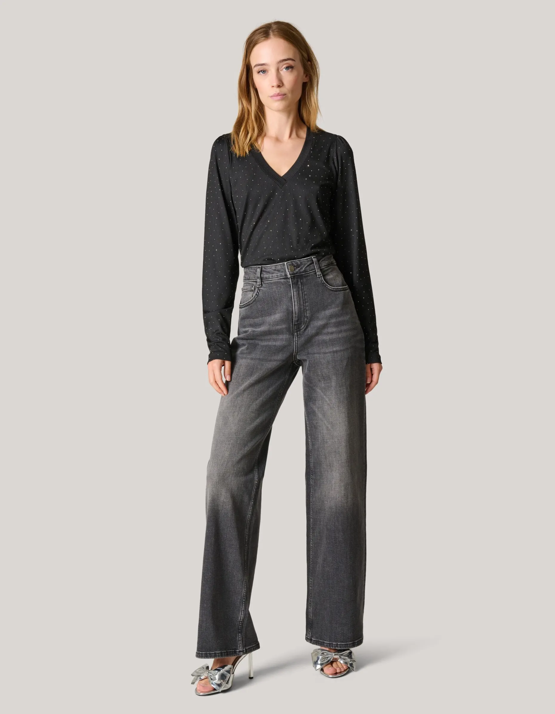 Strass Rib Jersey Top Zwart