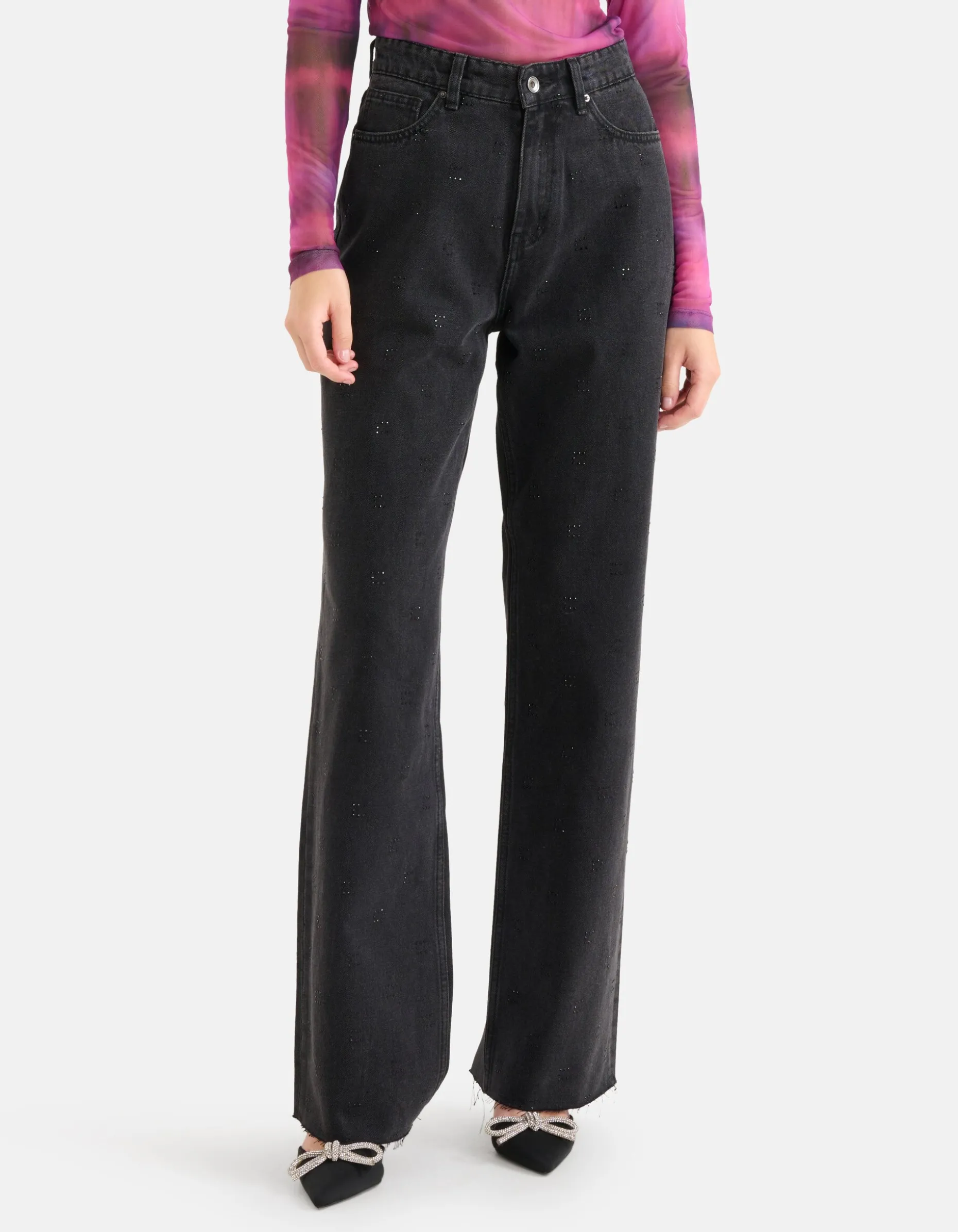 Strass Wide Leg Jeans Zwart
