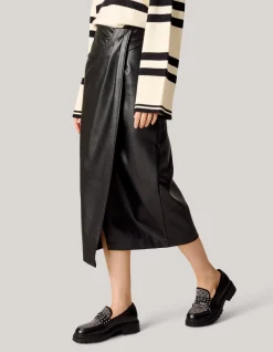 Vegan Leren Midi Rok Zwart